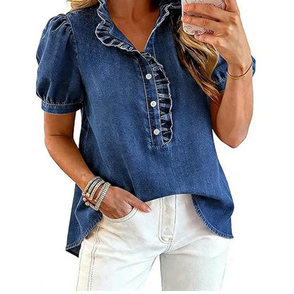 ⌛Limited-Time Offer-Women's Ruffle Collar Denim Top