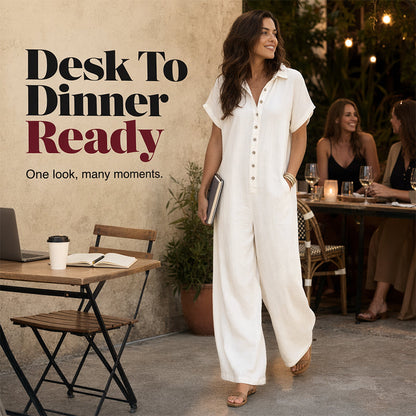 ☀️🔥 Summer Bestseller — Relaxed Short-Sleeve Button Jumpsuit with Wide Leg