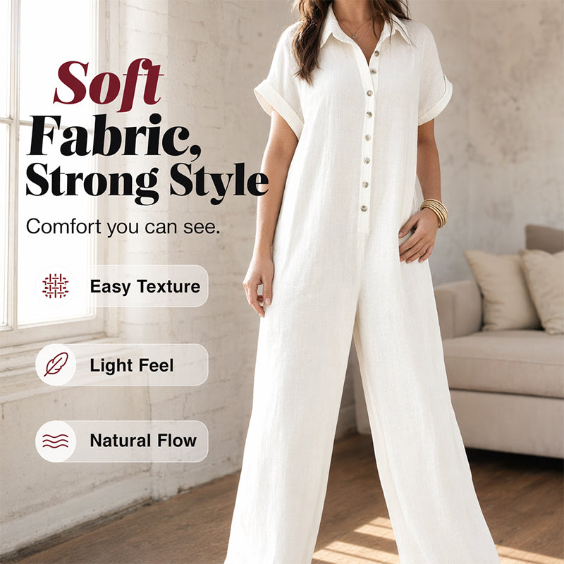 ☀️🔥 Summer Bestseller — Relaxed Short-Sleeve Button Jumpsuit with Wide Leg