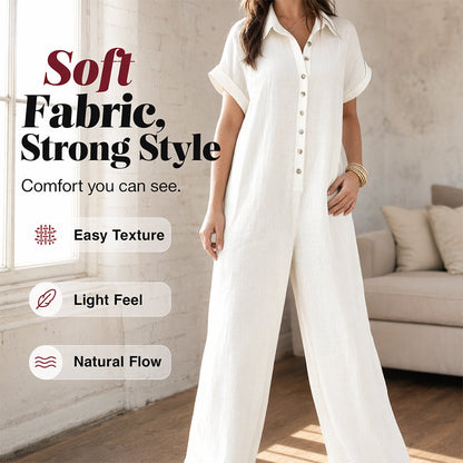 ☀️🔥 Summer Bestseller — Relaxed Short-Sleeve Button Jumpsuit with Wide Leg