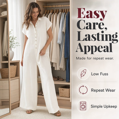 ☀️🔥 Summer Bestseller — Relaxed Short-Sleeve Button Jumpsuit with Wide Leg