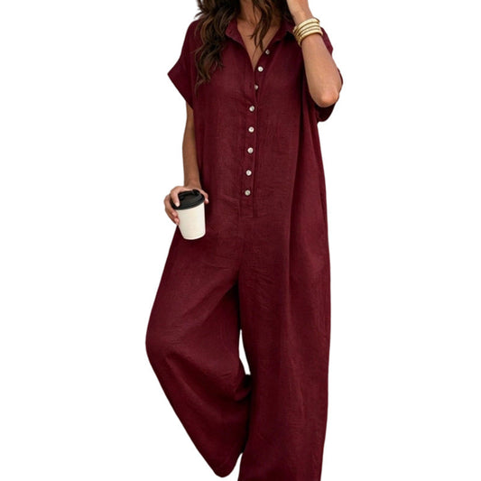 ☀️🔥 Summer Bestseller — Relaxed Short-Sleeve Button Jumpsuit with Wide Leg