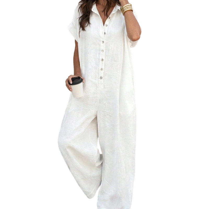 ☀️🔥 Summer Bestseller — Relaxed Short-Sleeve Button Jumpsuit with Wide Leg