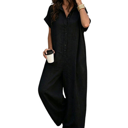 ☀️🔥 Summer Bestseller — Relaxed Short-Sleeve Button Jumpsuit with Wide Leg