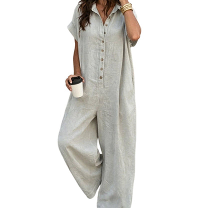 ☀️🔥 Summer Bestseller — Relaxed Short-Sleeve Button Jumpsuit with Wide Leg