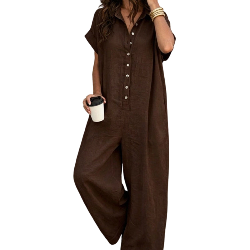☀️🔥 Summer Bestseller — Relaxed Short-Sleeve Button Jumpsuit with Wide Leg