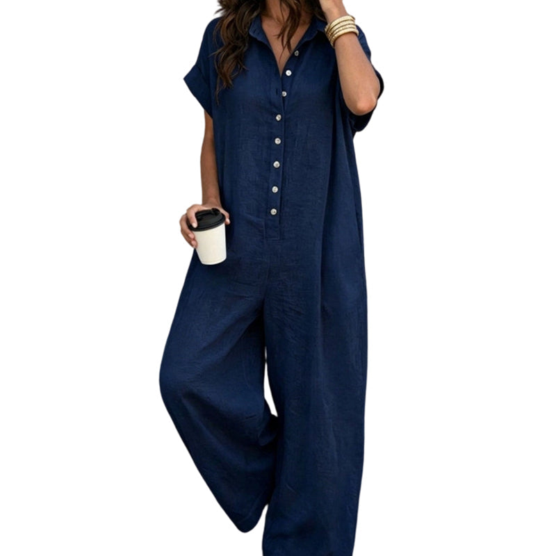 ☀️🔥 Summer Bestseller — Relaxed Short-Sleeve Button Jumpsuit with Wide Leg