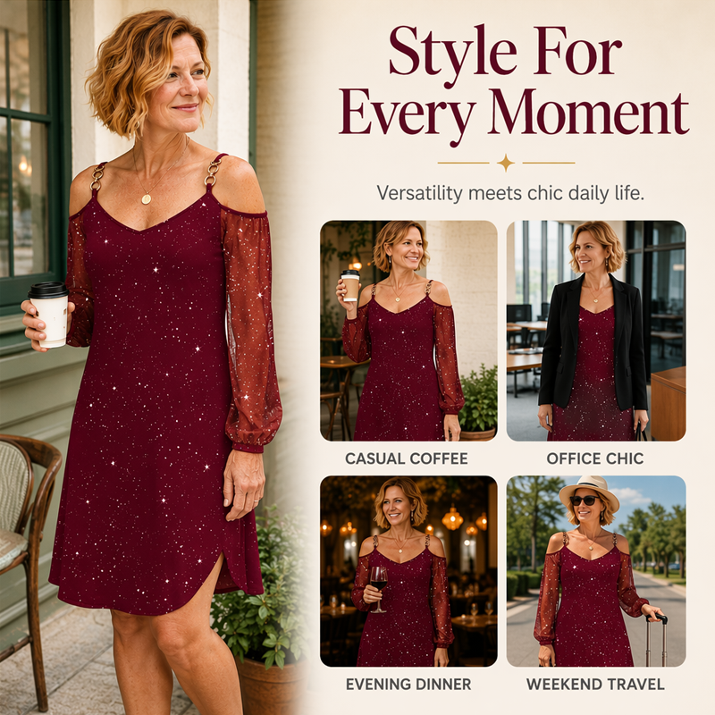 ⌛Limited-Time Offer-Women's Elegant Off-Shoulder Dress with Mesh Sleeves