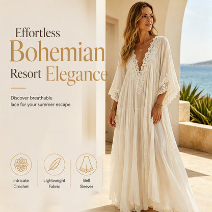 🌿 EFFORTLESS SUMMER ELEGANCE | Crochet V-Neck Maxi Dress -50%