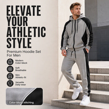 ☁️ All-Day Comfort | Men's Colour-Block Zip-Up Hoodie & Jogger Set