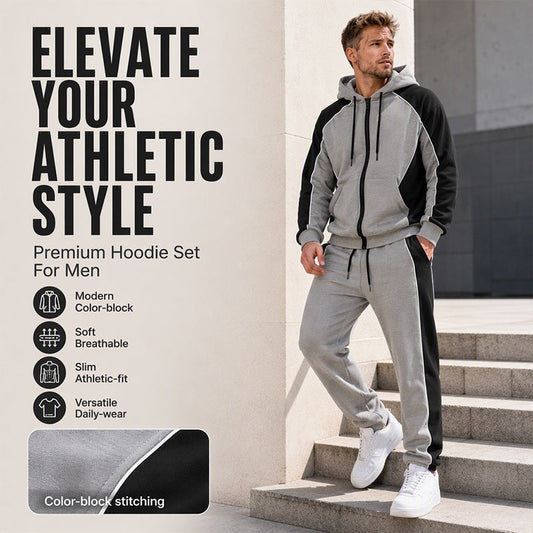 ☁️ All-Day Comfort | Men's Colour-Block Zip-Up Hoodie & Jogger Set