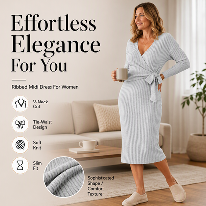 ✨ Elevated Comfort | Women's V-Neck Ribbed Knit Tie-Wrap Dress